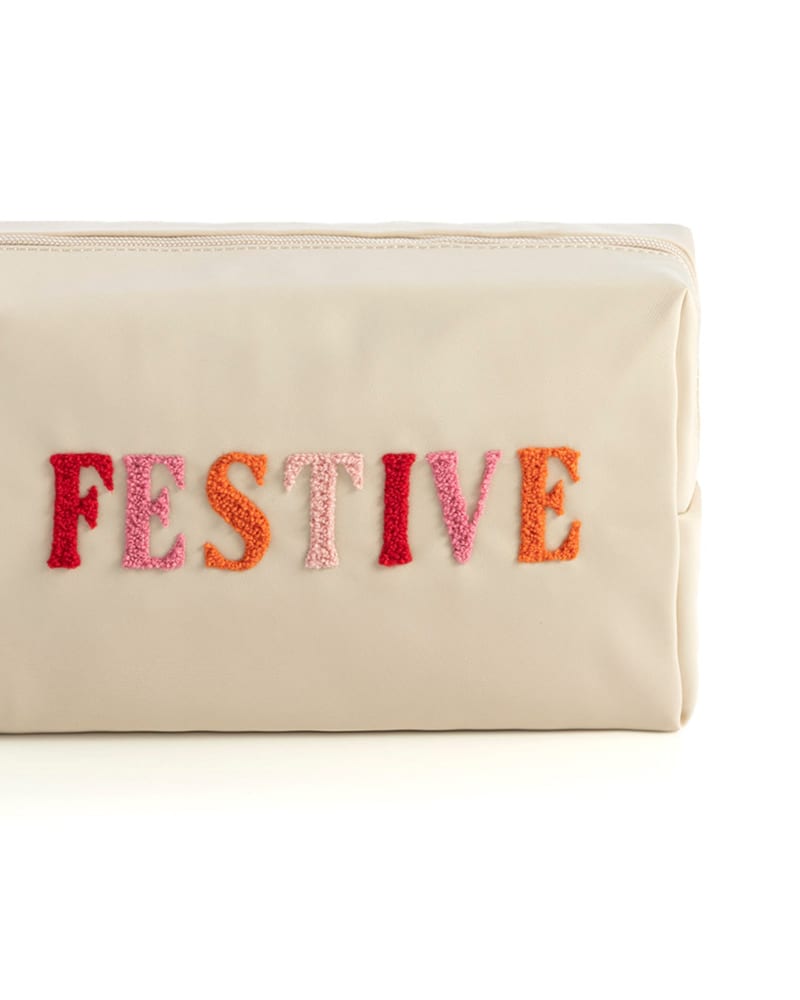 Front of a size One Size Cara "Festive" Cosmetic Pouch in Ivory by Shiraleah. | dia_product_style_image_id:307998